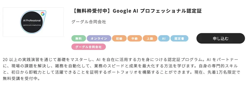 日本リスキリングコンソーシアム、AIスキル証明にも役立つ「Google AI プロフェッショナル認定証」を1万人に無料提供 画像 2