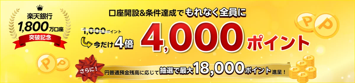 楽天銀行、「1,800万口座突破記念キャンペーン」を実施 画像 1