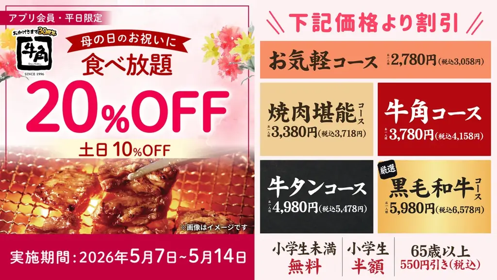 【牛角】母の日は“食べ放題”がお得！平日「20%OFF」休日「10%OFF」で食べ放題が税込2,446円から楽しめる ～さらに！小学生半額＆小学生未満無料‼デザートも食べ放題～ 画像 2