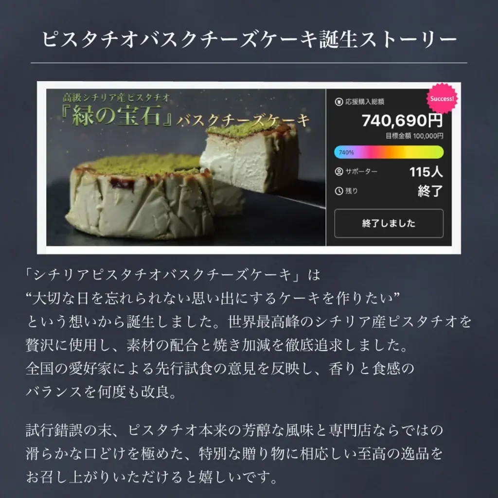 Makuake目標達成率740％達成。“緑の宝石”シチリアピスタチオバスクチーズケーキが母の日限定カード付きギフトとして登場 画像 2