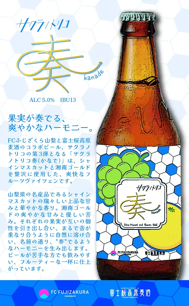 【富士桜高原麦酒】×【FCふじざくら山梨】コラボ限定ビール第3弾『サクラノトリコ奏（かなで）』5月15日（金）発売開始‼　シャインマスカットと湘南ゴールドを使った夏向けの爽やかなフルーツヴァイツェン！ 画像 9