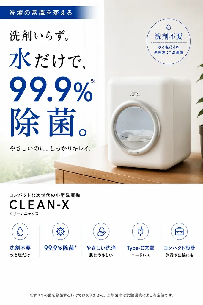 「洗剤も、置き場所も、いらない。」水と塩だけで99.9%除菌する超小型洗濯機「CLEAN-X」先行販売開始！新たに25%OFFのリターンを追加しました。 画像 2