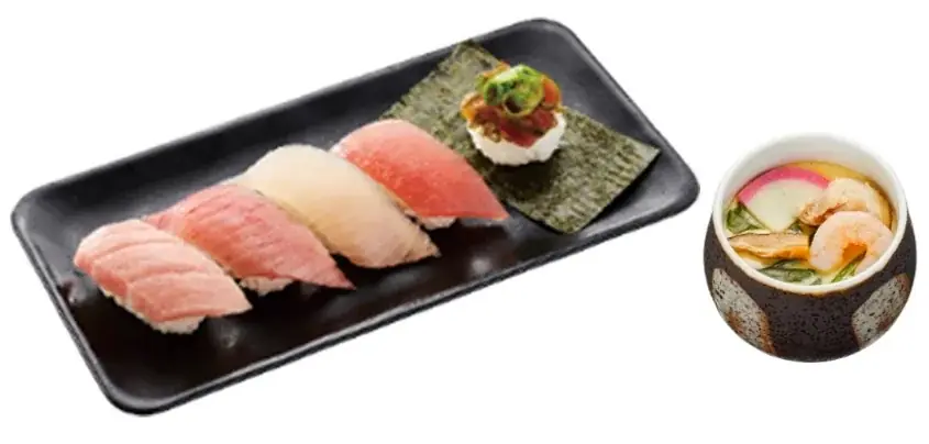 期間限定の贅沢体験！本鮪大とろが食べ放題メニューに登場！大人気の食べ放題メニュー『旬ネタ！期間限定５貫セット』茶碗蒸し付きが、今回は、本鮪大とろ・中とろ・大切りとろびん長など豪華ラインアップで登場！ 画像 2