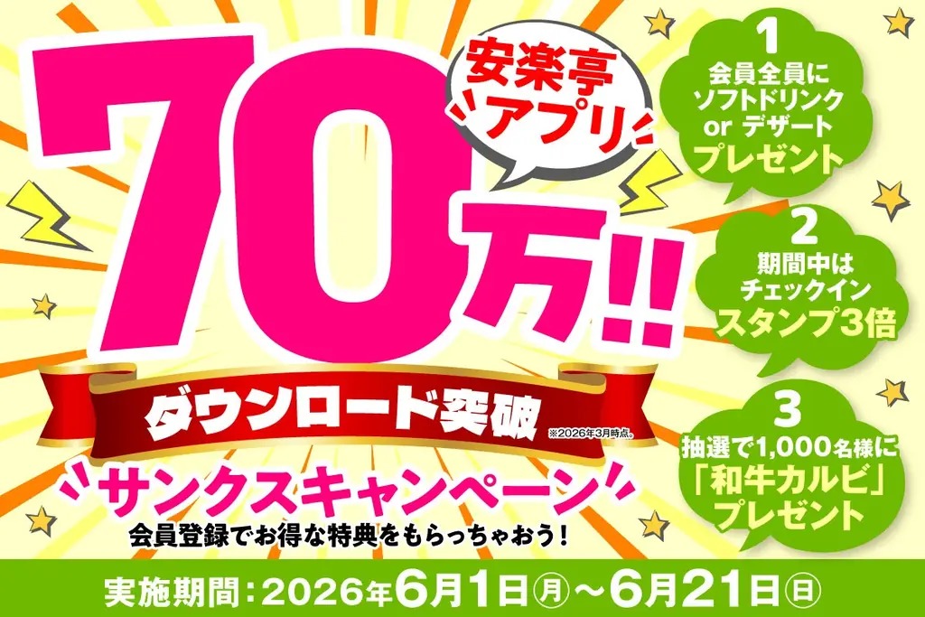 安楽亭アプリ70万DL記念　全員無料特典＆抽選