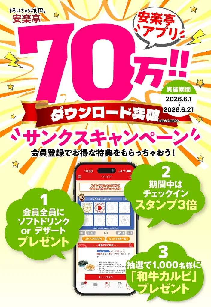 ★70万ダウンロードありがとう★「安楽亭アプリ サンクスキャンペーン」6月1日~21日開催！アプリ会員なら全員もらえる無料特典♪スタンプがどんどん貯まる♪さらに抽選で「黒毛和牛カルビ」が当たる♪ 画像 2