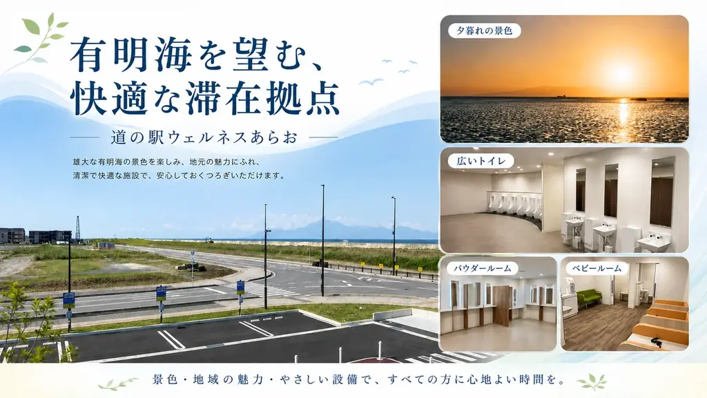 道の駅は“休憩”から“滞在”へ。九州初、開設段階から車泊専用ゾーンを整備「道の駅ウェルネスあらお」にRVパークsmartが2026年6月5日オープン 画像 3