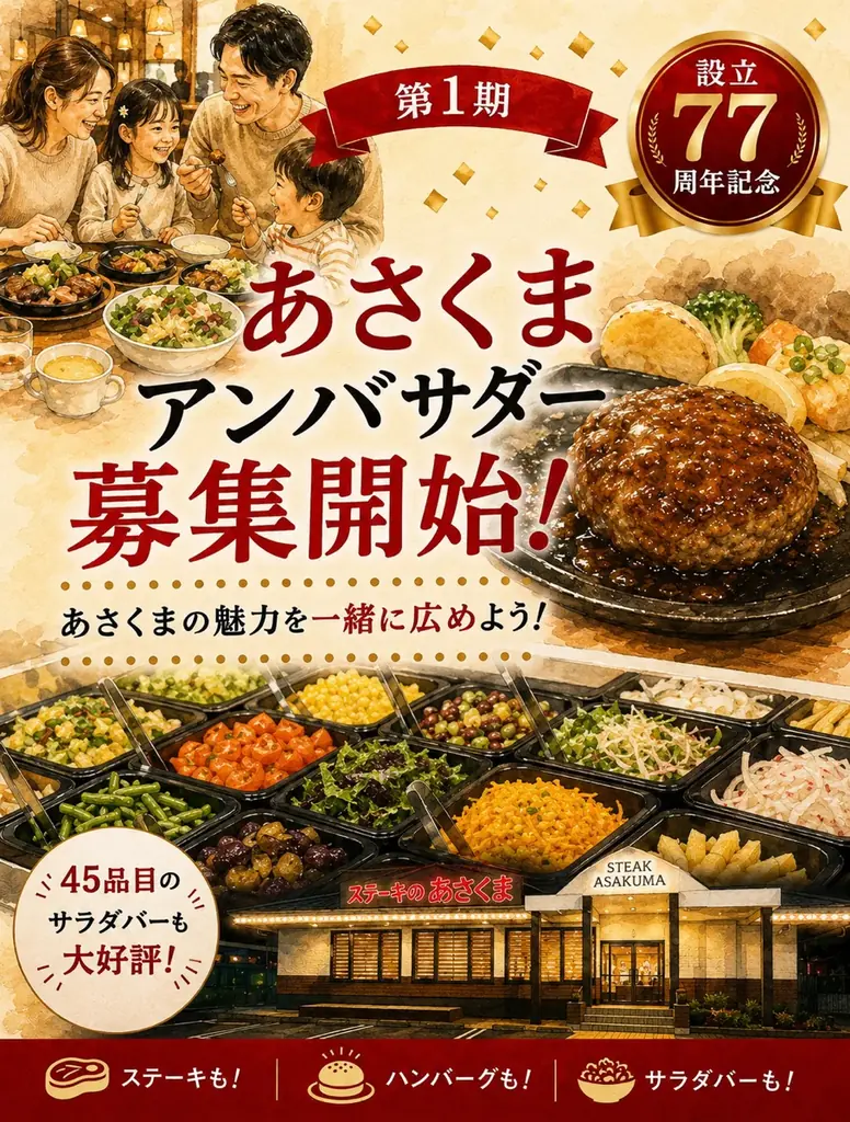 【ステーキのあさくま】会社の設立77周年を記念し、ブランド初の公式アンバサダー制度「第1期あさくまアンバサダー（あさくま応援大使）」を50名募集 画像 3