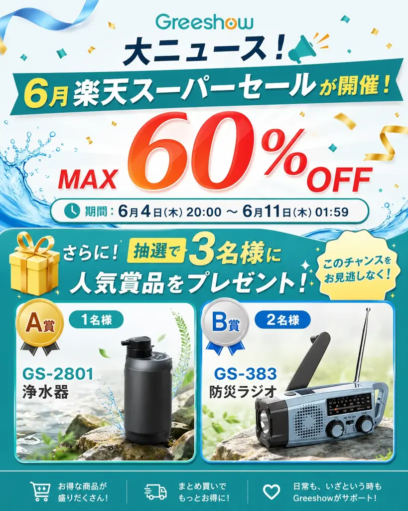 楽天スーパーSALE開催！Greeshowの人気アウトドア・防災アイテムが最大60％OFF、フォロー＆リポストキャンペーンも同時開催 画像 2