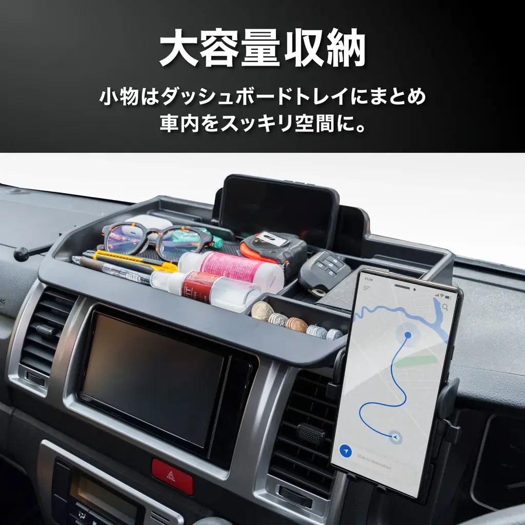 ハイエース200系の車内が、もっと快適に。専用設計の多機能「ダッシュボードトレイ」を販売開始。スマホスタンド・ホルダー・カード収納・コインケース・フリースペースを1台に集約、工具不要・30秒で設置完了 画像 7