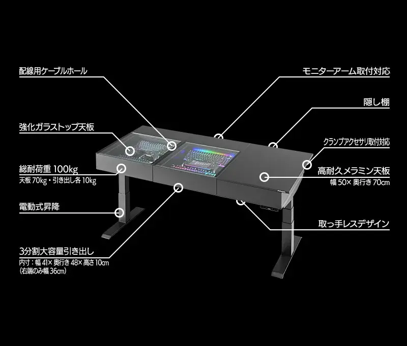 “デバイス愛”を可視化！電動昇降デスク用天板に、ガラス天面＆大容量引き出しを備えた『ショーケースタイプ』が新登場！ 画像 14