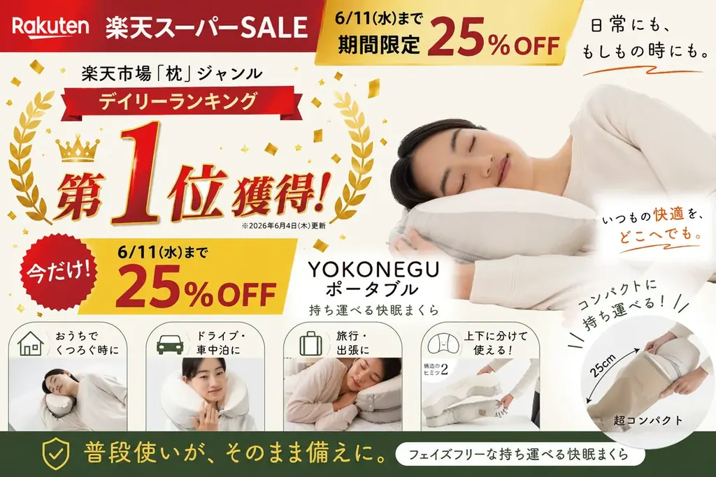 【最大60％OFF】楽天スーパーSALE｜6月最後の0がつく日！！ランキング１位獲得の大人気「YOKONEGUポータブル」や「HUGNEGU」など快適な眠りをサポートする枕シリーズが超お得に 画像 2