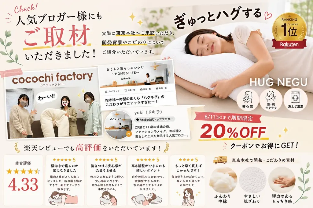 【最大60％OFF】楽天スーパーSALE｜6月最後の0がつく日！！ランキング１位獲得の大人気「YOKONEGUポータブル」や「HUGNEGU」など快適な眠りをサポートする枕シリーズが超お得に 画像 3