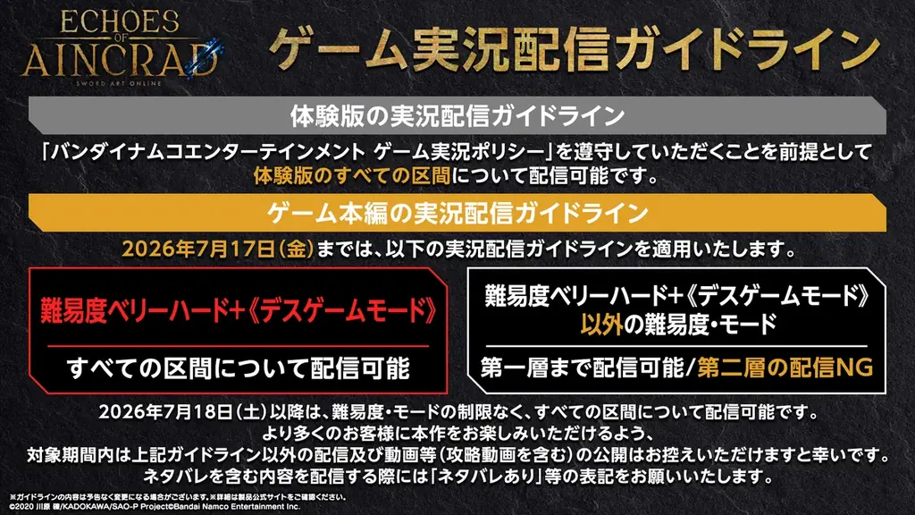 「SAO」家庭用ゲーム最新作『Echoes of Aincrad』無料体験版の配信が本日よりスタート！実況配信ガイドラインも公開。配信キットがもらえる「攻略組募集キャンペーン」の応募も開始！ 画像 5