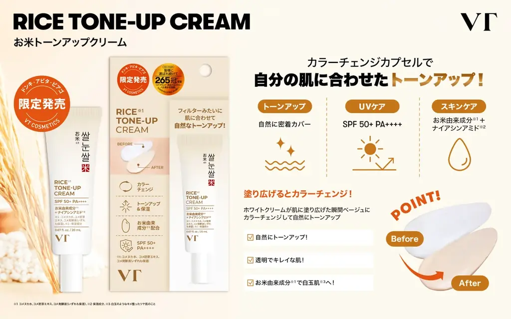 【VT COSMETICS】肌に合わせて自然にトーンアップ。フェイス用「お米トーンアップクリーム」と全身用「お米ボディトーンアップクリーム」が登場！ 画像 2