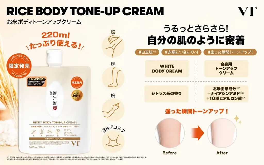 【VT COSMETICS】肌に合わせて自然にトーンアップ。フェイス用「お米トーンアップクリーム」と全身用「お米ボディトーンアップクリーム」が登場！ 画像 3