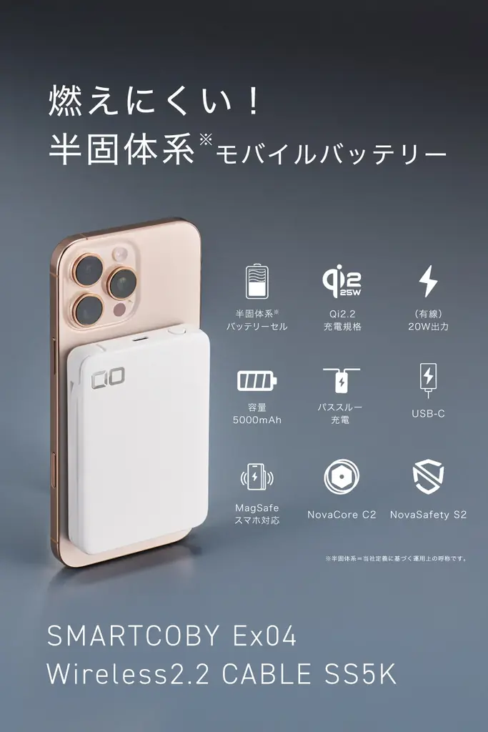 【株式会社CIO】燃えにくい半固体系、脱着式USB-Cケーブル内蔵モバイルバッテリー「SMARTCOBY Ex04 Wireless2.2 CABLE SS5K（ホワイト）販売開始 画像 9