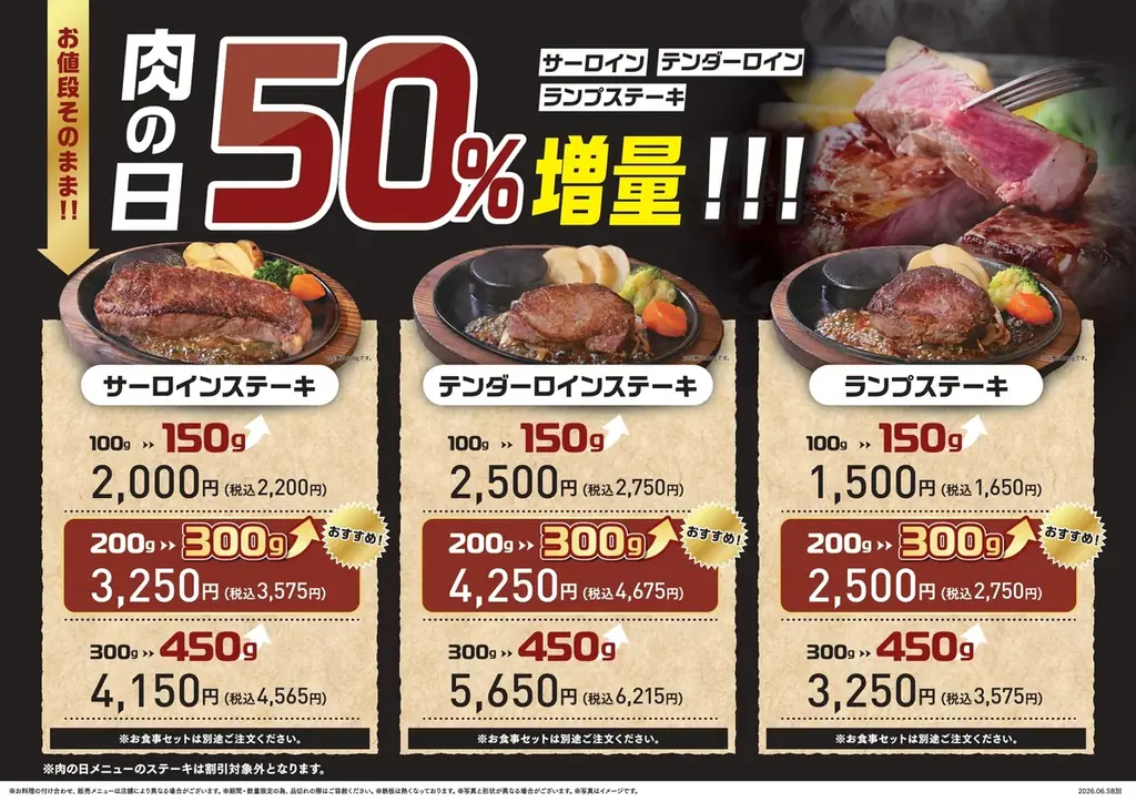 【ステーキのあさくま】肉の日、進化。サーロイン・テンダーロイン・ランプ、3種類すべて50%増量！6月27日(土)・28日(日)限定 画像 4