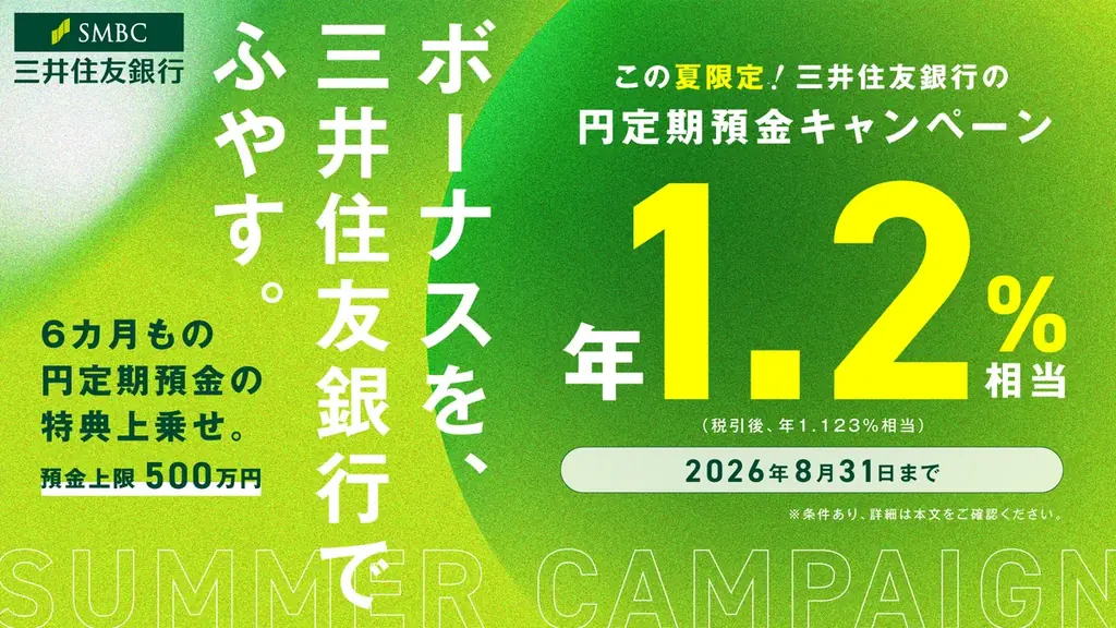 【2026年夏限定】6ヵ月もの円定期預金が年1.2%相当「この夏はじめる、SMBC特別定期預金キャンペーン」を開始 画像 1