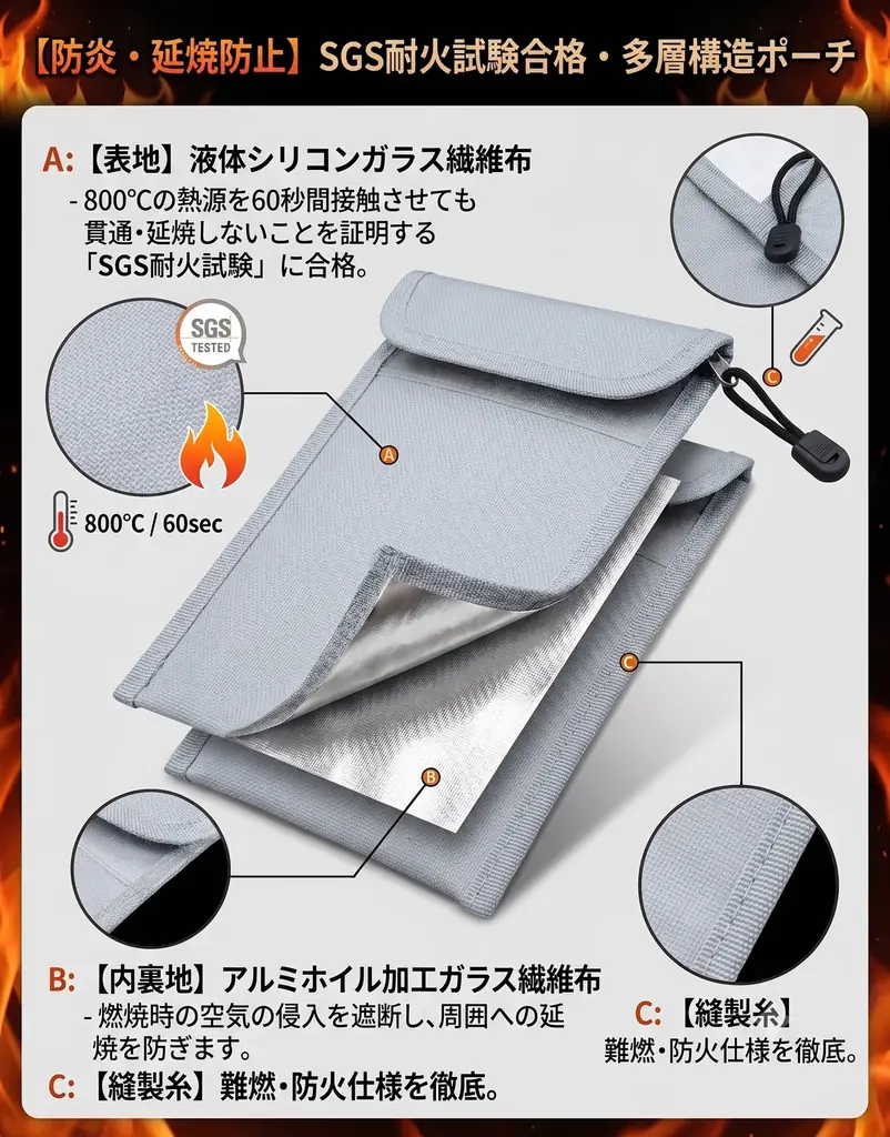 【新商品】SGSによる800℃・60秒の耐火試験に合格！モバイルバッテリーの発火・爆発リスクに備える「耐火・耐熱ポーチ」が新登場 画像 2