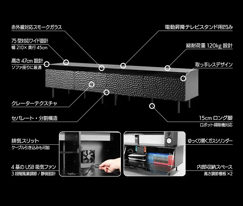 機材を冷やして熱暴走を防ぎ、大画面を最適な高さへ。ピタリと一体化する空調テレビボードと電動昇降スタンドを発売 画像 2