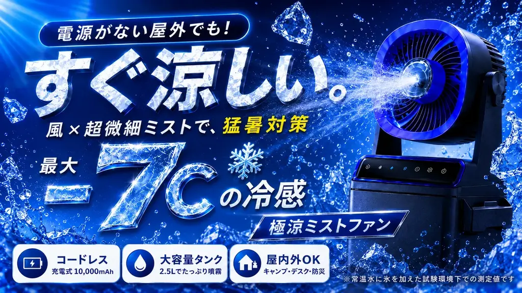 【新発売】電源のない屋外でも“涼感スポット”を持ち運ぶ。風×超微細ミストで-7℃の冷感を実現する「極涼ミストファン」がMakuakeに登場｜7月24日（金）AM10時よりMakuakeにて先行販売開始 画像 1