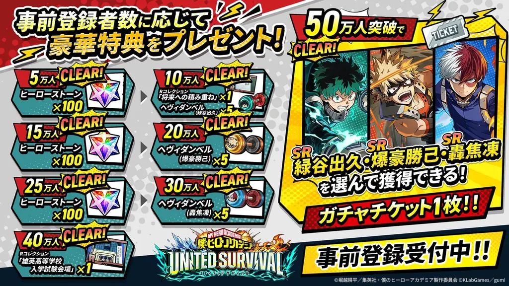 アニメ『僕のヒーローアカデミア』新作アプリゲーム『僕のヒーローアカデミア UNITED SURVIVAL』（略称「ヒロサバ」）が8月6日にリリース決定！事前登録者数70万を突破！追加報酬も決定！ 画像 3