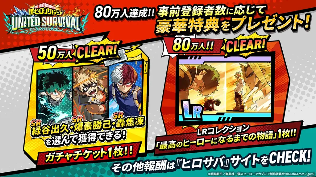 アニメ『僕のヒーローアカデミア』新作アプリゲーム『僕のヒーローアカデミア UNITED SURVIVAL』（略称「ヒロサバ」）が事前登録者数80万を突破！追加報酬も決定！いよいよ明日8月6日リリース！ 画像 3