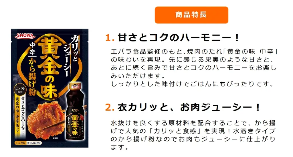 焼肉のたれ売上No.1(※)の「黄金の味」と夢のコラボレーション！『黄金の味中辛から揚げ粉』 画像 2