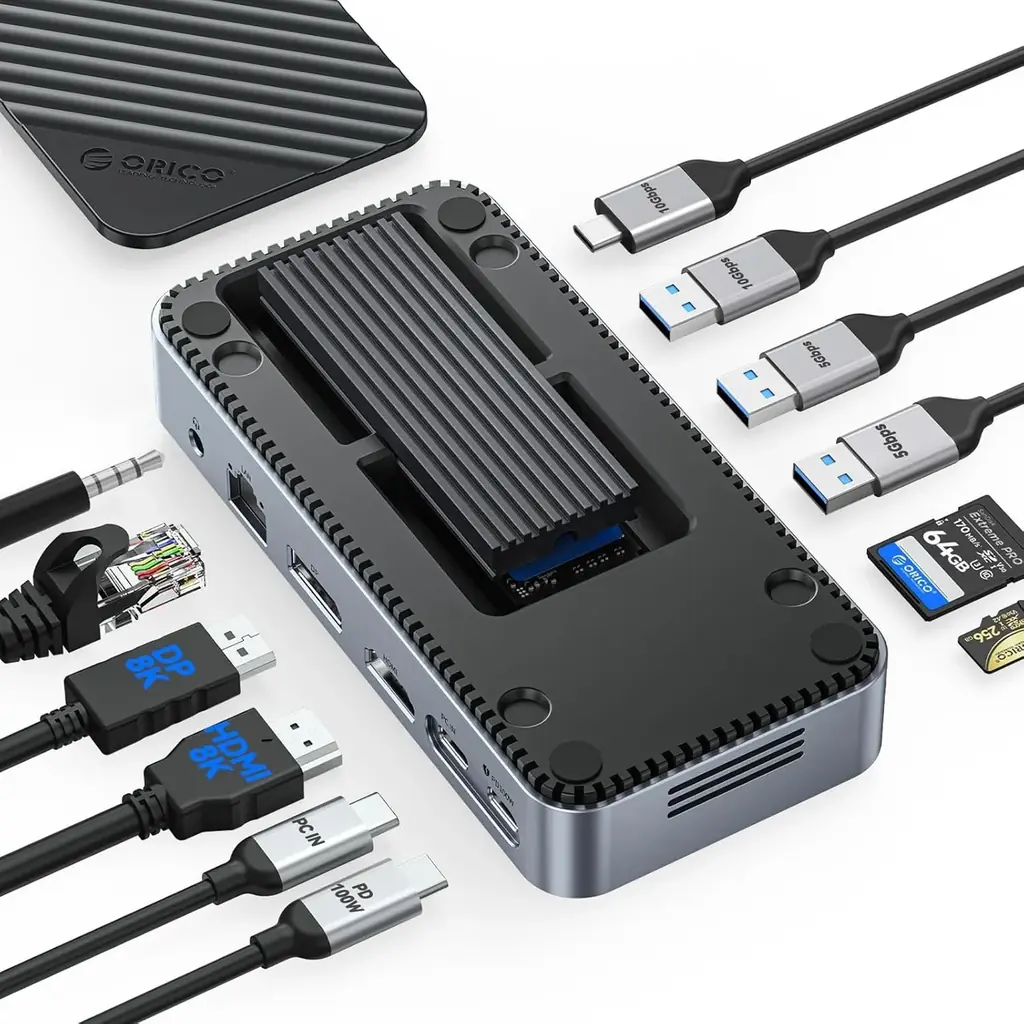 ORICOの12-in-1ドック兼M.2ケース、8K/4K・100W対応