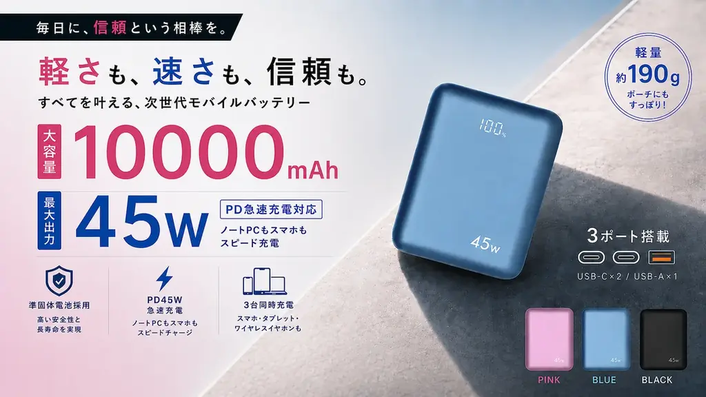 準固体電池採用の10000mAh軽量モバイルPD45W