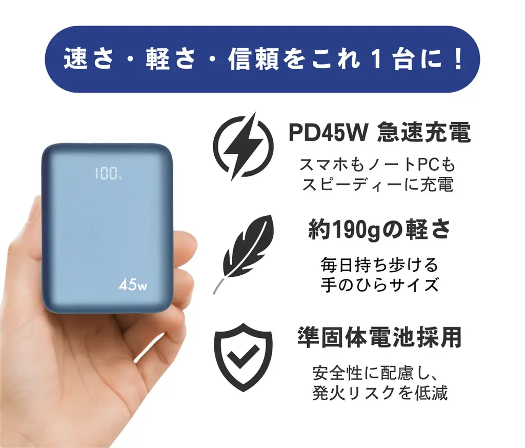 準固体電池を採用した10000mAhモバイルバッテリーが登場。PD45W・約190gの一台を「Makuake」にて先行販売 画像 3