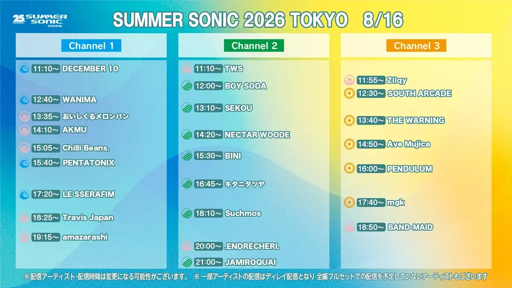 ＜SUMMER SONIC 2026＞配信タイムテーブル＆追加配信アーティスト公開！WOWOWオンデマンドで独占ライブ配信！現地の熱狂を、あなた専用の特等席で。 画像 4