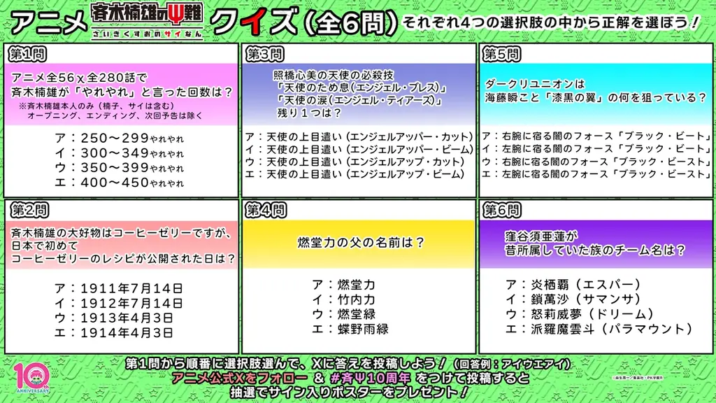 アニメ10周年記念『斉木楠雄のΨ難』 番外編各TOP３発表＆麻生周一先生お祝いイラスト公開！ 画像 5