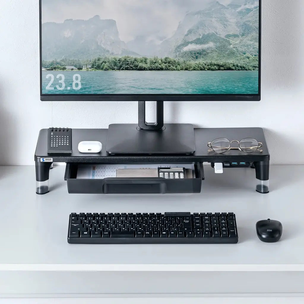目線に合わせて高さを2段階で調整できる、USBハブ・引出し付きモニター台を発売 画像 4