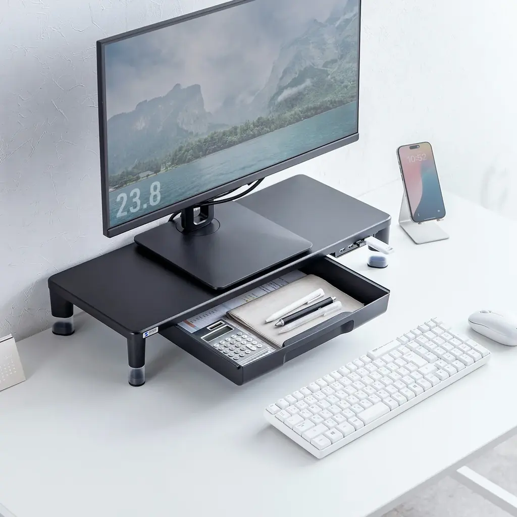 目線に合わせて高さを2段階で調整できる、USBハブ・引出し付きモニター台を発売 画像 5