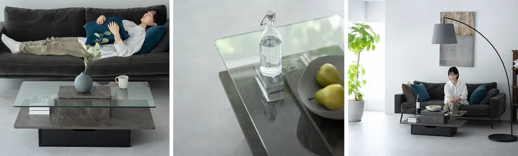 “魅せる”と”隠す”をひとつにしたセンターテーブル「GREST（グレスト）」を新発売。ガラス天板とスマートな収納を備え、生活感をさりげなく隠しながら、お気に入りの小物を美しく引き立てます。 画像 15