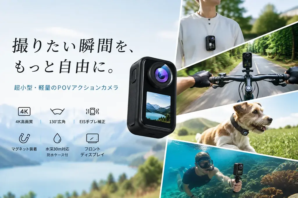マグネット装着POVアクションカメラ登場 4Kで身軽撮影