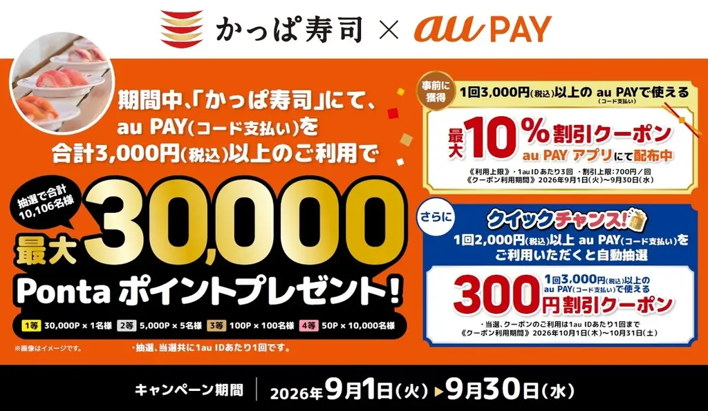 9/1開始｜かっぱ寿司×au PAYで最大2,100円割引＆Ponta抽選