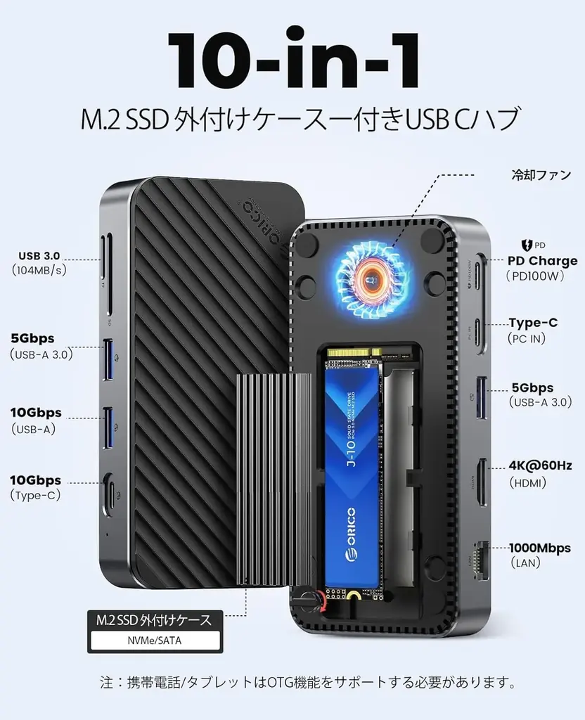 ORICO、10-in-1 M.2 SSDドックを発表。最大8TB拡張・10Gbps転送・4K@60Hz・SD/TF同時読  取・ギガビットLAN・PD100W充電を1台に集約したマルチ拡張ハブ。 画像 2