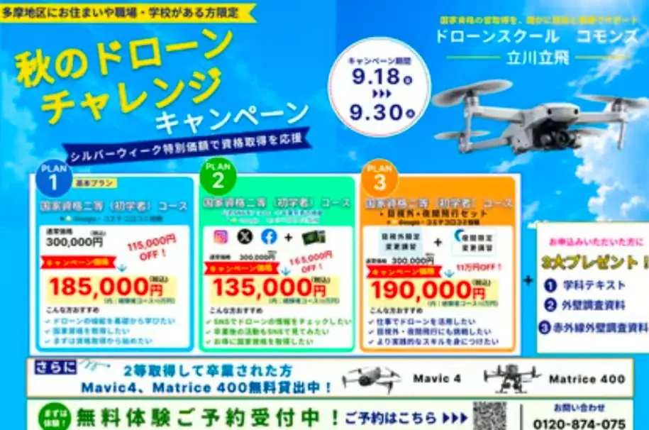 【立川・多摩地区限定】ドローン国家資格を13.5万円から目指せる「秋のドローン チャレンジ」開催！通常30万円から最大16.5万円OFF、無料体験受付中 画像 2
