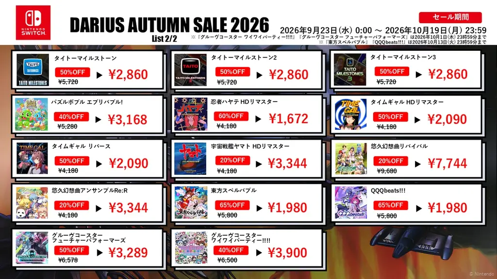 過去最大の割引率の『ダライアス』シリーズDLソフトが多数登場!最大85%OFF！「ダライアスオータムセール2026」開催！ 画像 3