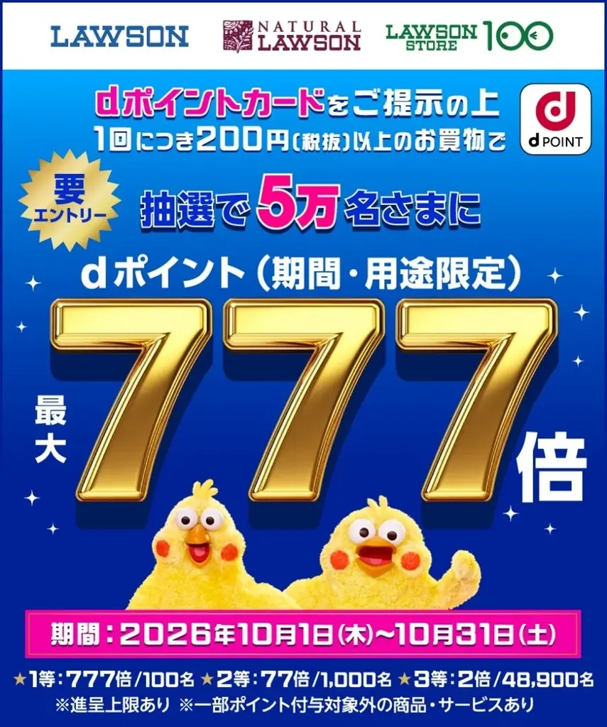 ローソンでdポイント最大777倍、10月末まで抽選キャンペーン
