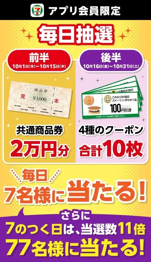 セブンアプリ毎日抽選、商品券2万円分やクーポン10枚が当たる
