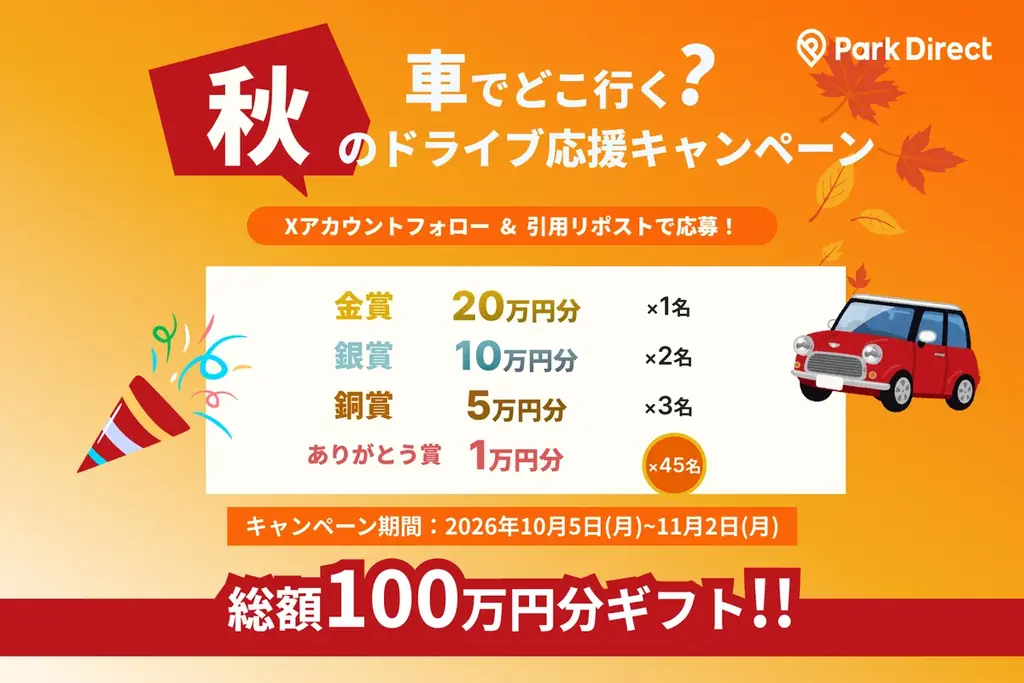 「Park Direct（パークダイレクト）」を運営するニーリー、総額100万円分ギフトプレゼント 車でどこ行く? 秋のドライブ応援キャンペーン開催決定！ 画像 1