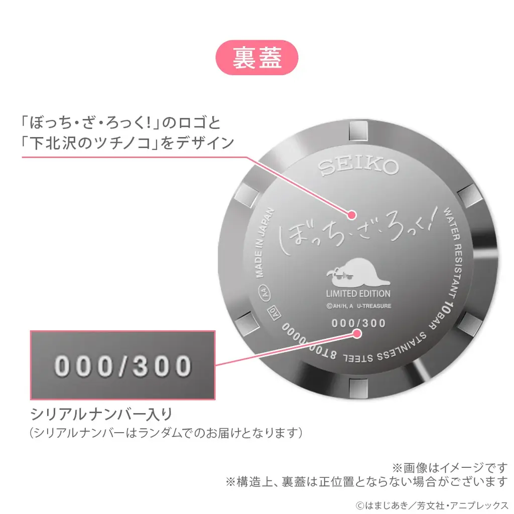 「結束バンド」のロゴやメンバーカラーをデザイン。アニメ「ぼっち・ざ・ろっく！」 セイコー製の腕時計。シンプルなシルバーカラー、裏蓋にシリアルナンバー入り 画像 5