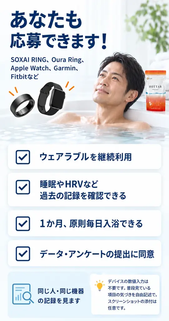 「効果がなければ、そう報告して」“良い結果だけを求めない”健康入浴研究員100名を公募！ ウェアラブルデバイスで30日検証、納得したらご両親へ『ずっと元気でいるための健康貯金』プロジェクト 画像 5