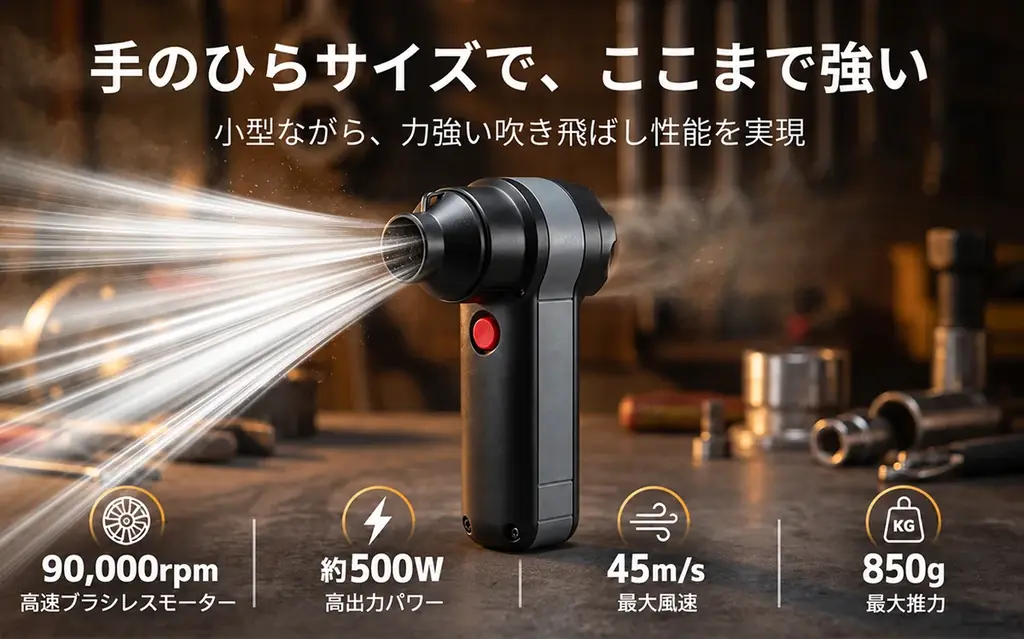大型ブロワーのパワーを、手のひらサイズへ。90,000rpm高速モーター搭載「小型ジェットブロワー」がMakuakeに登場 画像 2