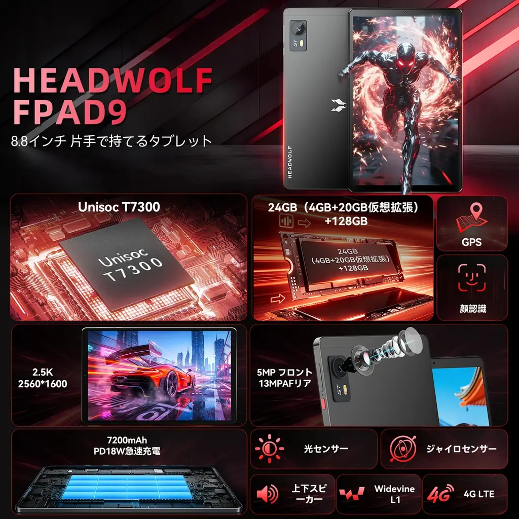 【発売記念価格！楽天限定】Headwolf F9 8.8インチ 2.5K 90Hz 4G simフリー タブレット Android16 24+128GB 特別価格21,999円 レビューで特典 画像 2