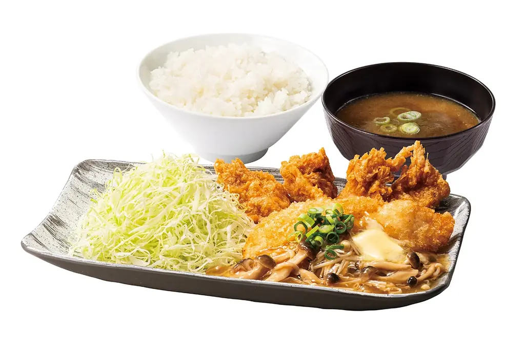 山の幸と海の幸を一緒にご堪能あれ！「出汁とり天と白身魚からあげのきのこバターあんかけ定食」からやまで販売開始！ 画像 2