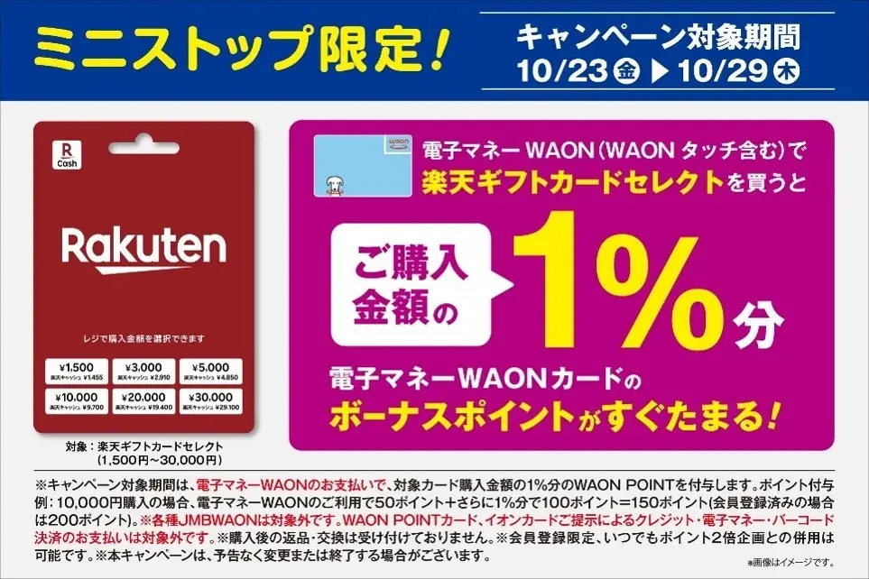 ミニストップで楽天ギフトカード購入、WAON POINT1％還元